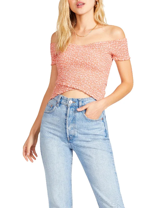 Womens Faux Wrap Smocked Crop Top