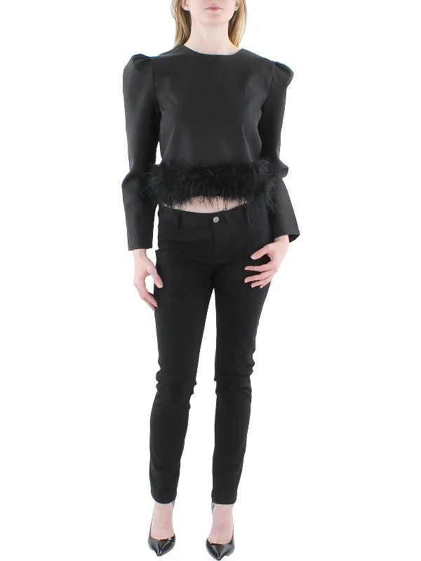 Womens Feather Trim Long Sleeve Cropped