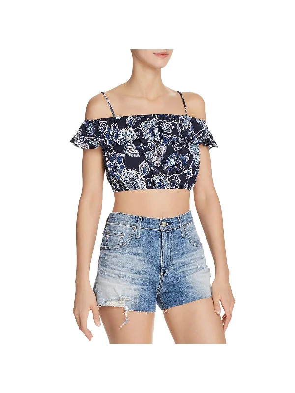 Womens Floral Paisley Cold Shoulder Crop Top