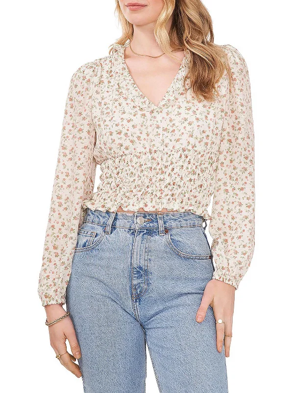 Womens Floral Smocked Cropped