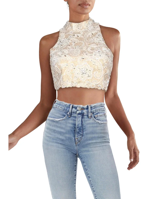 Womens Lace Embellished Crop Top