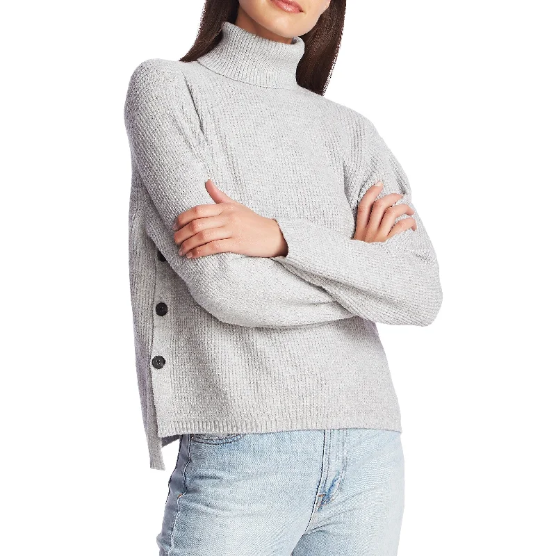 1.State Women's Side Button Waffle Weave Turtleneck Sweater Grey XL