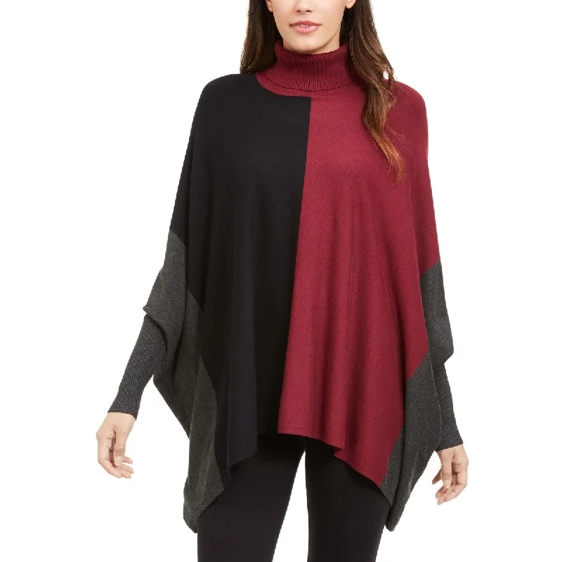 Alfani Women's Turtleneck Colorblock Poncho Sweater Dark Red Size Medium