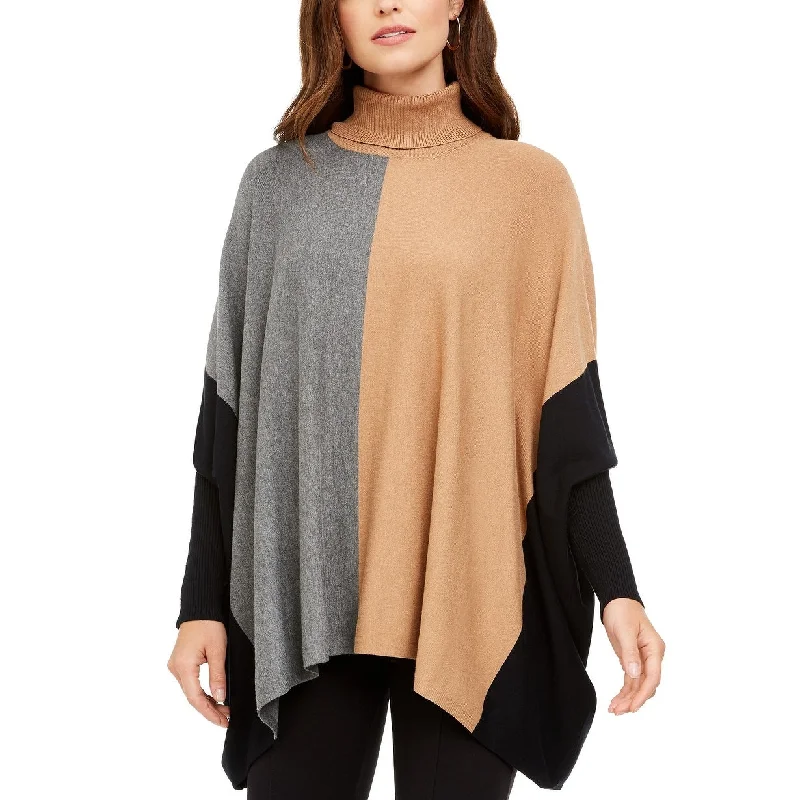 Alfani Women's Turtleneck Colorblock Poncho Sweater Taupe Size XS - X-Small