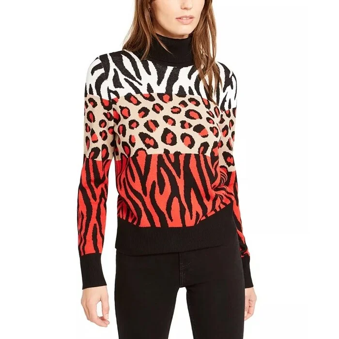 Bar III Women's Animal Print Turtleneck Sweater Black Size X-Small