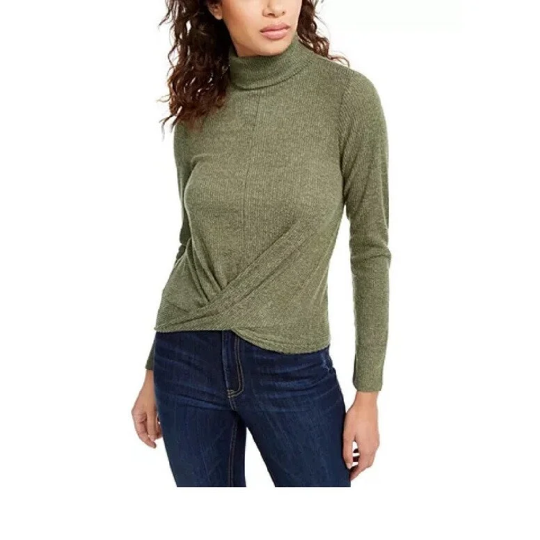 Crave Fame Juniors' Cozy Twist-Front Turtleneck Top Green Size Medium