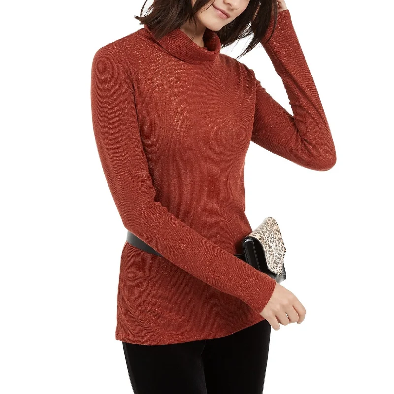 INC International Women's Metallic-Knit Turtleneck Sweater Brown M