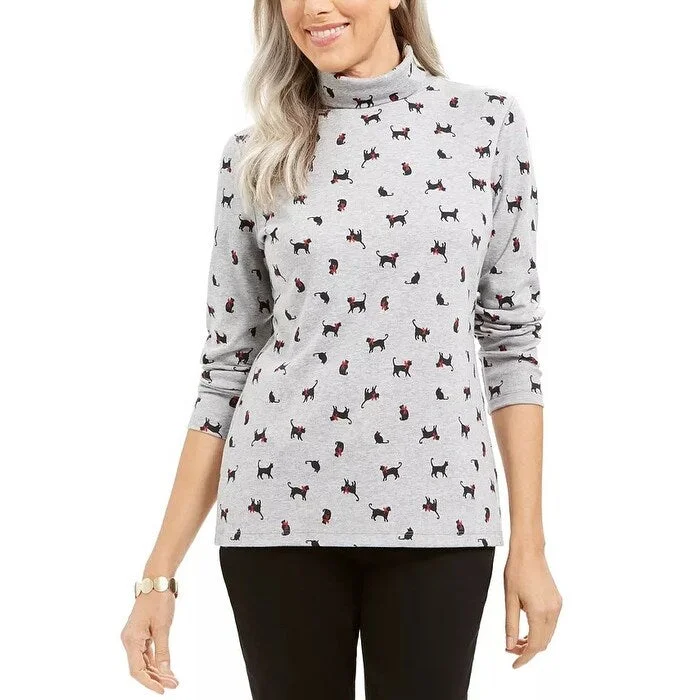 Karen Scott Women's Cat & Bow Printed Turtleneck Top Grey Size X-Large