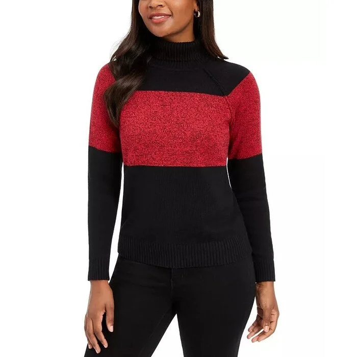 Karen Scott Women's Colorblock Cotton Turtleneck Sweater Red Size PM - Petite Medium