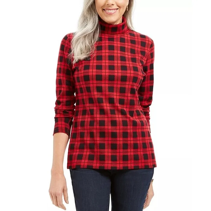 Karen Scott Women's Plaid Turtleneck Top Red Size Medium