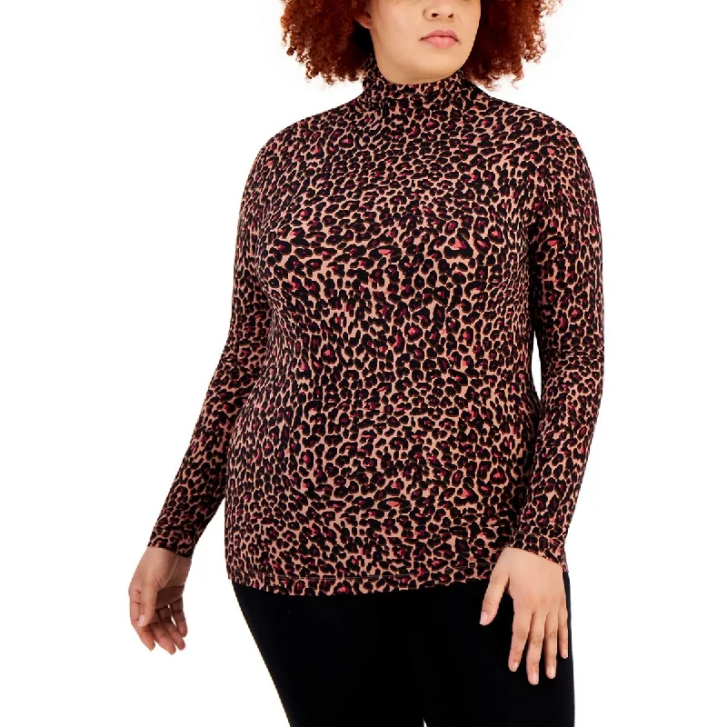 Anne Klein Womens Plus Seamless Animal Print Turtleneck Top