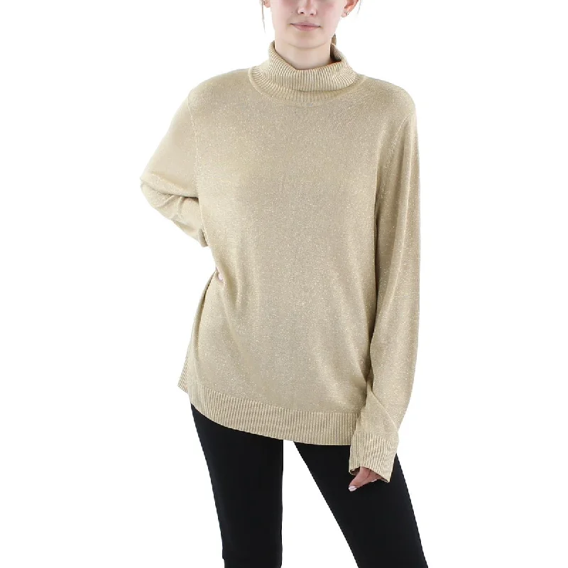 Joseph A. Womens Ribbed Trim  Metallic Turtleneck Top