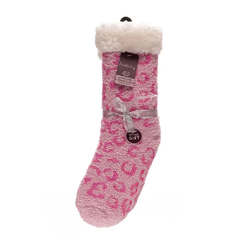 Foxbury Womens Cosy Lounge Socks Pair Animal Print Sherpa Trim